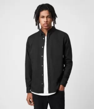 Image of AllSaints Mens Hawthorne Stretch Fit Shirt, Black, Size: S