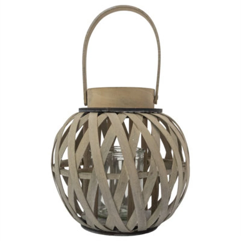 Image of Jvl Luna Natural Round Wood Lantern With Handle - Antique Washed Finish, Set Of 2
