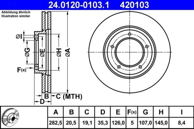 Image of ATE 24.0120-0103.1 Brake disc Vented, Coated, Alloyed/High-carbon Brake Disc (82)