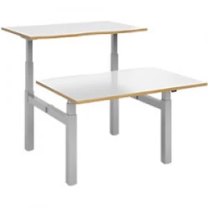 image of Elev8² Rectangular Sit Stand Back to Back Desk with White & Oak Coloured Melamine Top and Silver Frame 4 Legs Touch 1200 x 1650 x 675 - 1300 mm