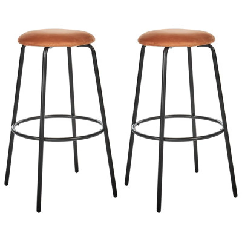 Image of Beliani Set Of 2 Bar Stools Morton Velvet Orange