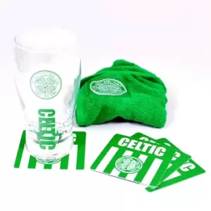 image of Celtic FC Official Wordmark Mini Football Bar Set (Pint Glass, Towel & Beer Mats) (One Size) (Green/White)