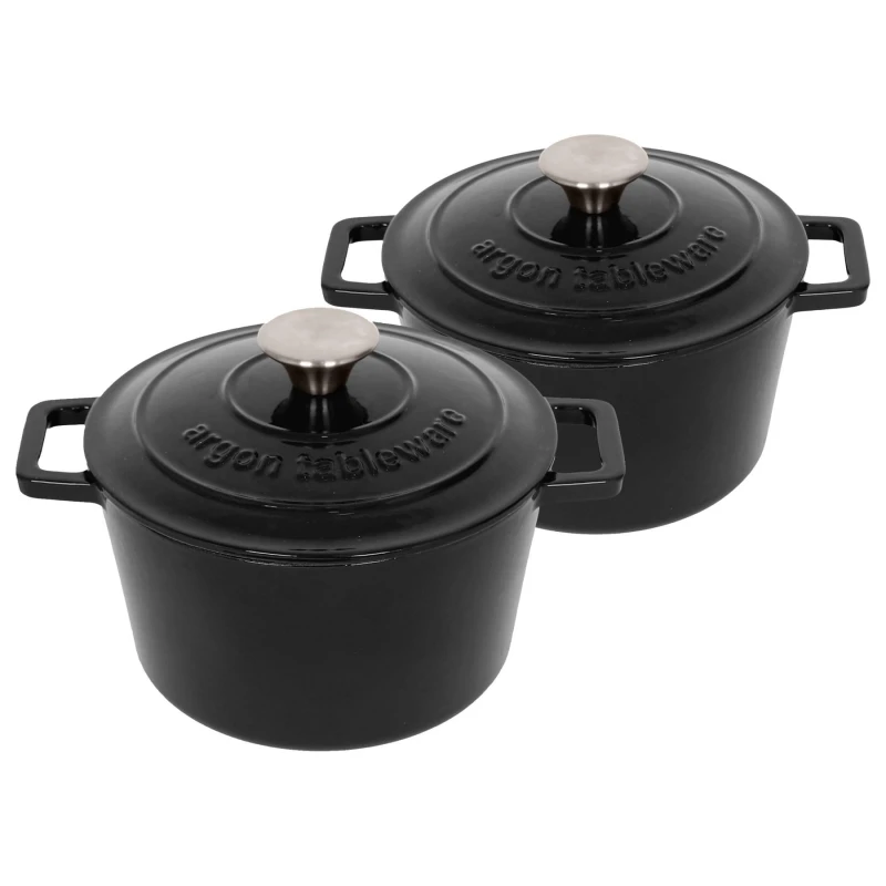 Image of Argon Tableware 2x Round Cast Iron Casserole Dishes with Self Basting Lid - 2.8L in Black Unisex