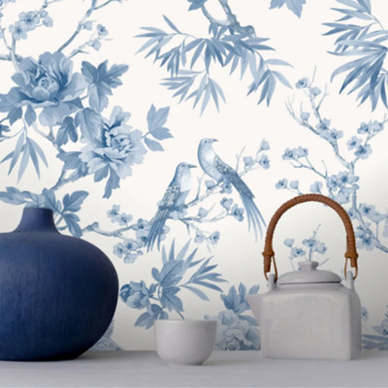 Image of Rasch Elegant Homes Chinoiserie Exotic Birds Floral Leaf Flowers Leaves Wallpaper Blue