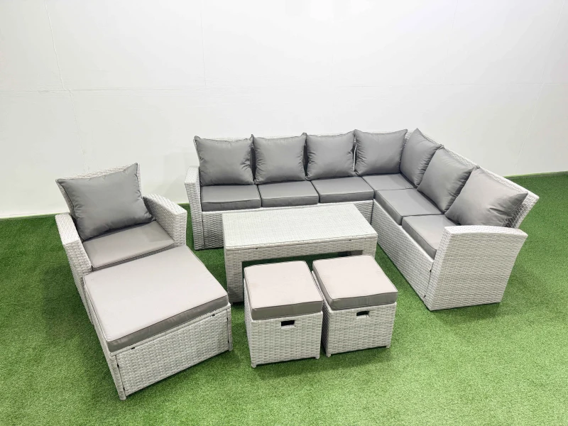 Image of Fimous 11 Seater Garden Outdoor Rattan Furniture Set Rattan Corner Sofa in Light Grey Light Grey Unisex