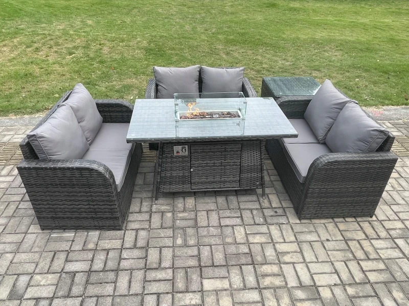Image of Fimous Rattan Outdoor Garden Furniture Sofa Set Gas Fire Pit Dining Table Gas Heater with Side Table Love Sofa Dark Grey Mixed Dark Grey