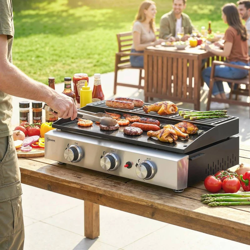 Image of OUTSUNNY 3 Burner Grill Griddle, Tabletop Gas BBQ with Grease Cup, Black Unisex