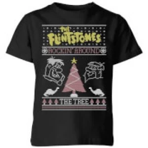 image of Flintstones Rockin Around The Tree Kids Christmas T-Shirt - Black - 11-12 Years