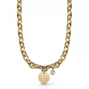 image of GUESS Gold Plated chain necklace with coin pendant and Swarovski crystal.