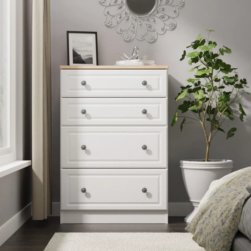 Image of Welcome Furniture Ready Assembled Norfolk 4 Drawer Deep Chest In White Ash & Bardolino Oak, White NOR050WABO
