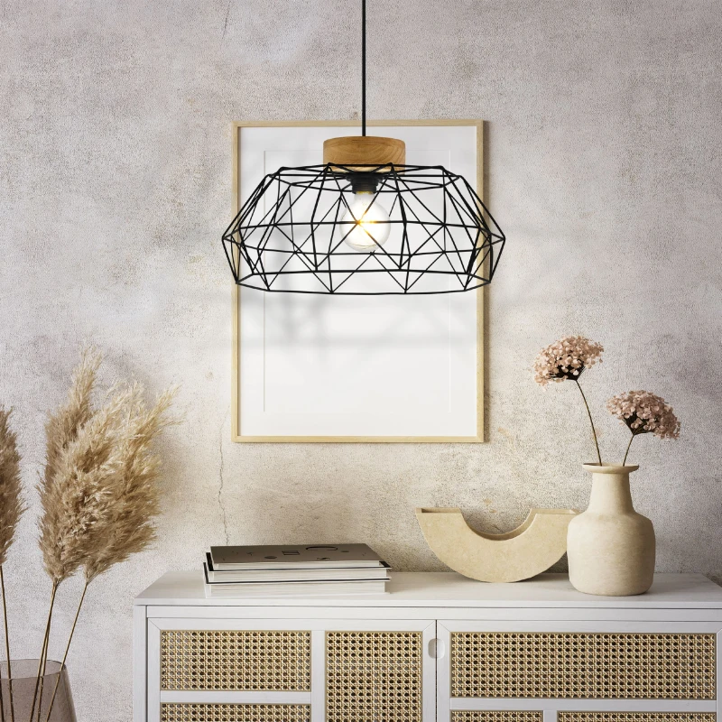 Image of EGLO Eglo Padstow Geometric Black Wire Steel & Wood Pendant Black One Size Unisex 9002759440893