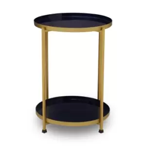 image of 2 Tier Side Table with Blue Enamel Tops and Brass Finish Frame