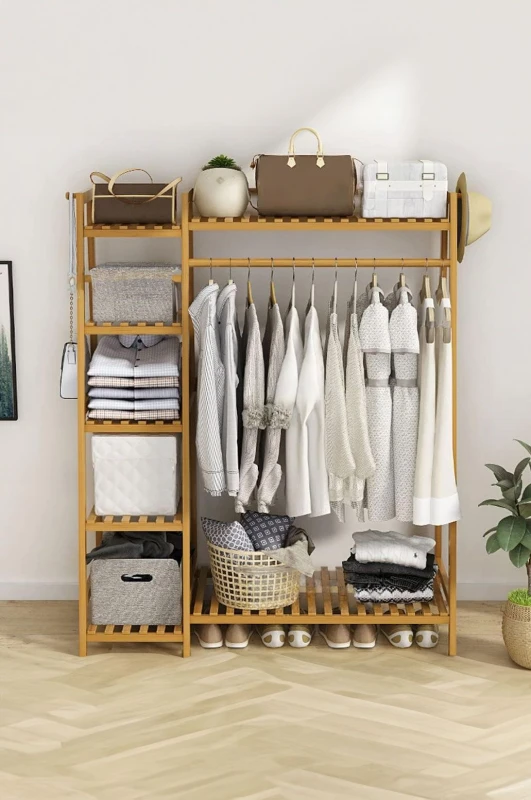 Image of Neo Bamboo Garment Rack, Clothes Rack with Storage Shelf, Hanging Rail & Side Hooks for Entryway, Bedroom, Bathroom & Office, Natural in Light Brown L