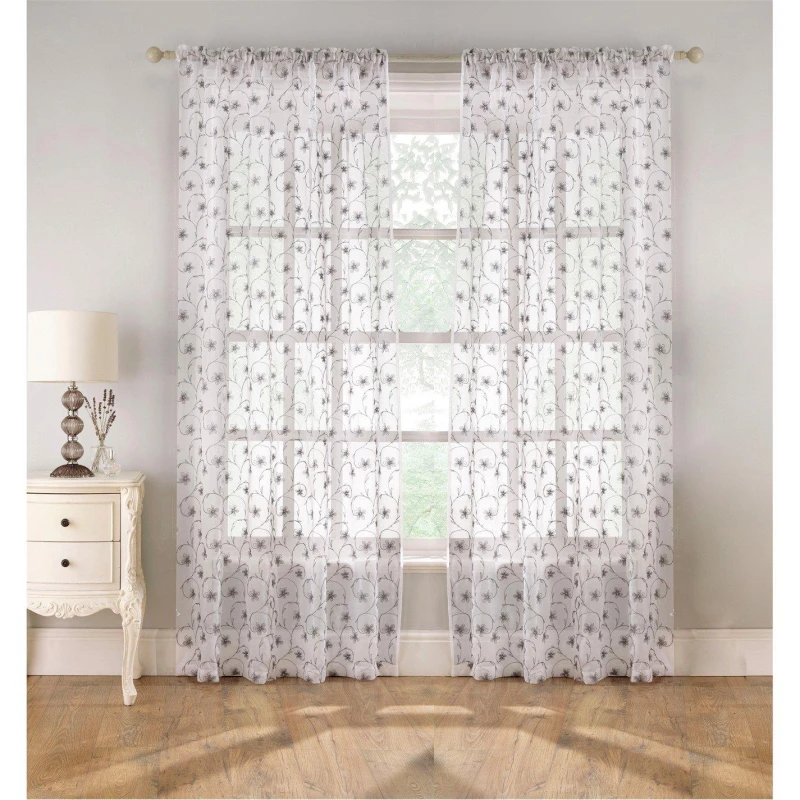Image of Tyrone Textiles Embroidered Voile Panel with Floral Pattern on Linen-Look Fabric - Pair Grey