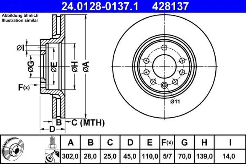 Image of ATE 24.0128-0137.1 Brake disc Vented, Coated, High-carbon, with bolts/screws Brake Disc (82)
