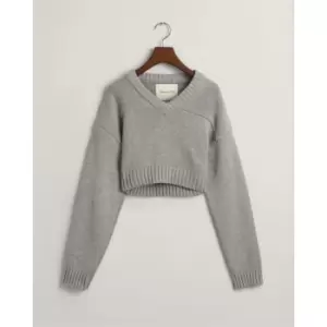 Image of Gant Cropped V-Neck Grey Melange XS - Grey