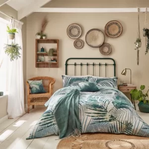 Image of Clarissa Palm Leaf Forest Green 100% Cotton Duvet Cover Set Green/Blue/White