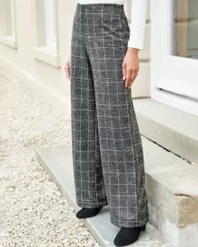 image of Cotton Traders Womens Pull-On Check Wide-Leg Trousers in Grey