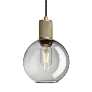 image of Industville Knurled Tinted Glass Globe Pendant Light in Smoke Grey with Brass Holder / Large