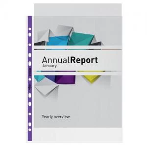 Image of Quality A4 Punched Pocket with Purple Spine, Clear, Pack of 25 - Outer carton of 4