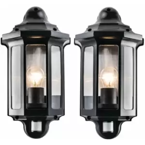 Image of 2 pack IP44 Outdoor Wall Light Satin Black pir Half Lantern Traditional Porch