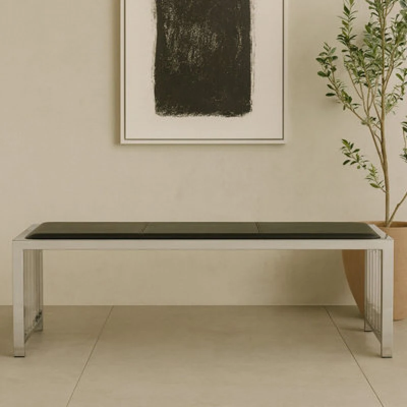 Image of Orsina Sleek Black Leather Bench, Contemporary Design Garden Bench For Outdoor, Leather Upholstered Dining Bench