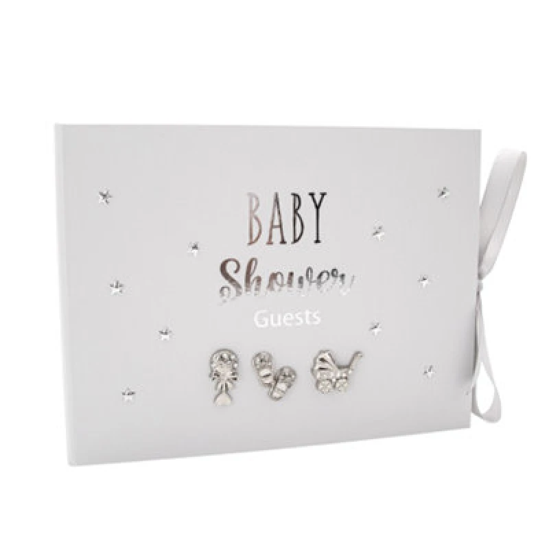 Image of Happy Homewares Grey Baby Shower Guest Book With Silver Plated Rattle Pram And Booties