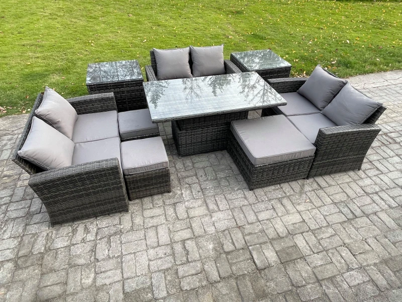 Image of Fimous Wicker Pe Rattan Garden Furniture Set Height Adjustable Rising Lifting Table Sofa Dining Set For Terrace