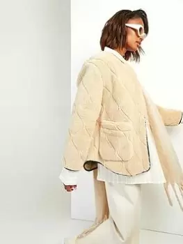 Image of Boohoo Onion Quilted Faux Fur Teddy Jacket - Beige, Beige, Size 16, Women