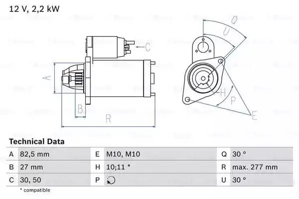 Image of Bosch 0986014660 Starter Motor 1466 12 V 2,2 kW Output BOSCHSTARTER-0986014660