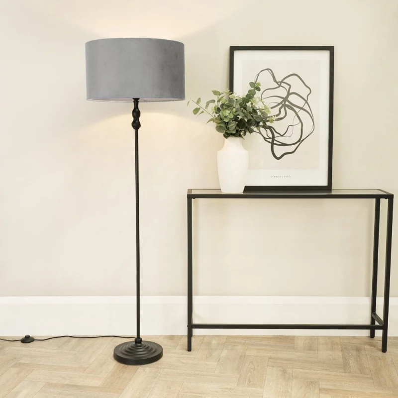 Image of ValueLights Maggie Black Metal Candlestick Floor Lamp with Velvet Lamp Shade and LED Bulb Grey
