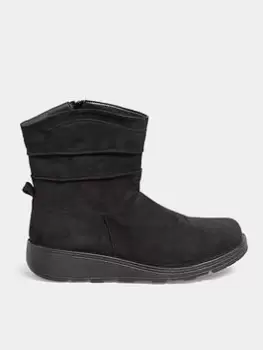 Image of Yours Wide Fit Black Micro Ruched Wedge Boot, Black, Size 6E, Women