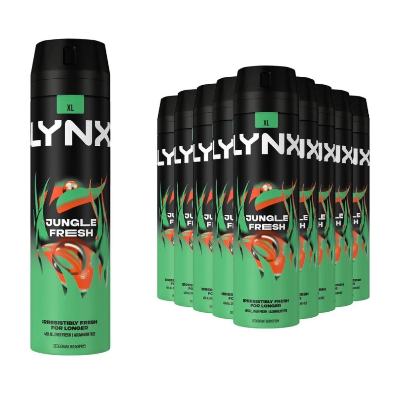 Image of Lynx Mens Jungle Fresh Body Spray XL 48Hr HD Fragrance Deodorant, 200ml 12 Pack in Black Male