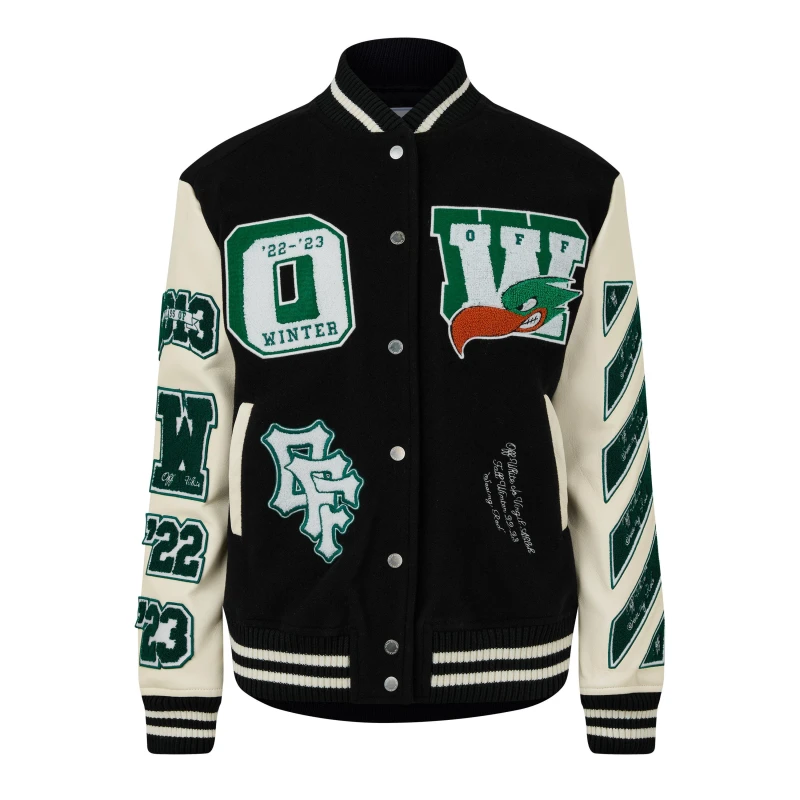 Image of Off White Womens Embr Varsity Wool Leather Long Sleeve Bomber Jacket Black White female 6 (38)