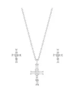 Image of Simply Silver Sterling Silver 925 Cubic Zirconia Cross Pendant And Earring Set - Gift Boxed