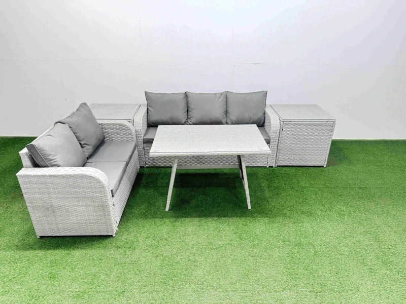 Image of Fimous Rectangular Dining Table Sofa Set with 2 Side Tables Light Grey Light Grey Unisex