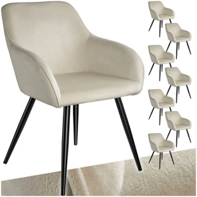 Image of Tectake Set Of 8 Dining Chair Marilyn - With Armrests, Padded, Velvet Look, Black Steel Legs - Cream/black