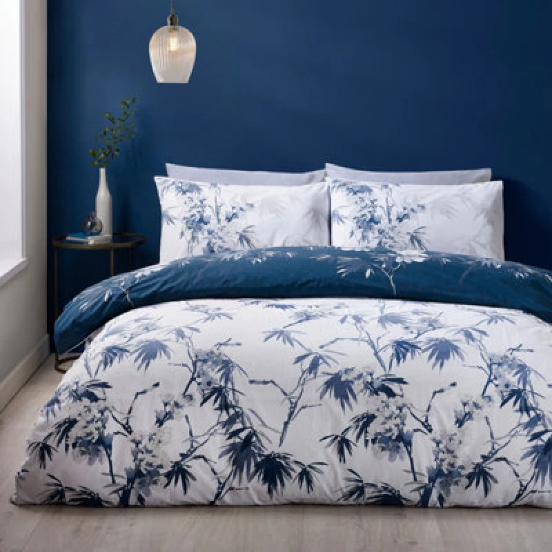 Image of Catherine Lansfield Kyoto Floral Reversible Super King Duvet Cover Set With Pillowcases Blue