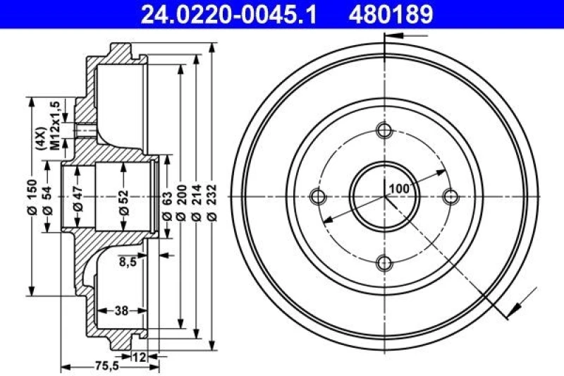 Image of ATE 24.0220-0045.1 Brake Drum 232,0mm, without ABS sensor ring Brake Drum (123)