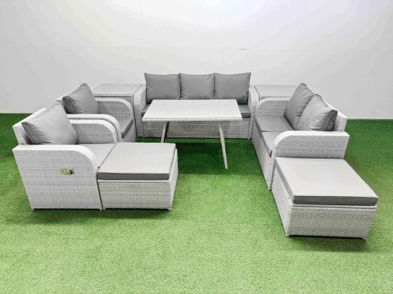 Image of Fimous Outdoor Rectangular Table Set with Reclining Chair 2 Big Stool in Light Grey Light Grey Unisex