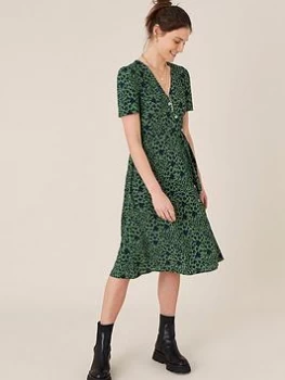 image of Monsoon Green Printed Short Sleeves Wrap Dress - 8