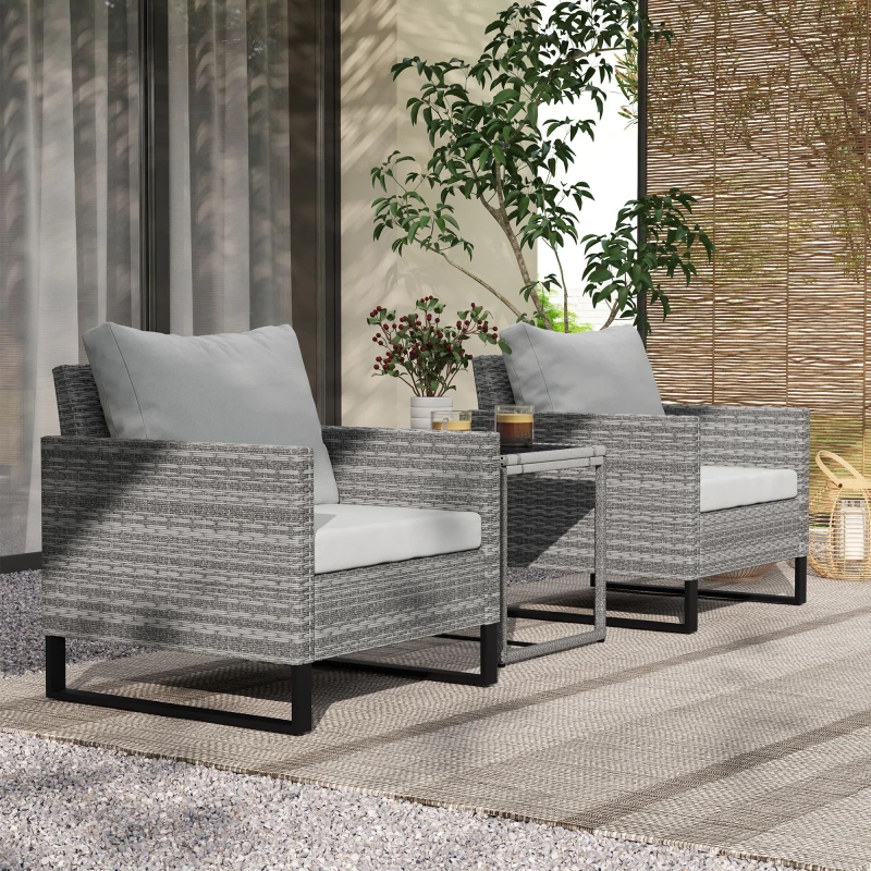 Image of OUTSUNNY 3PCS Rattan Bistro Set Glass Top Table & Chairs with 4 Cushions in Light Grey Light Grey Unisex