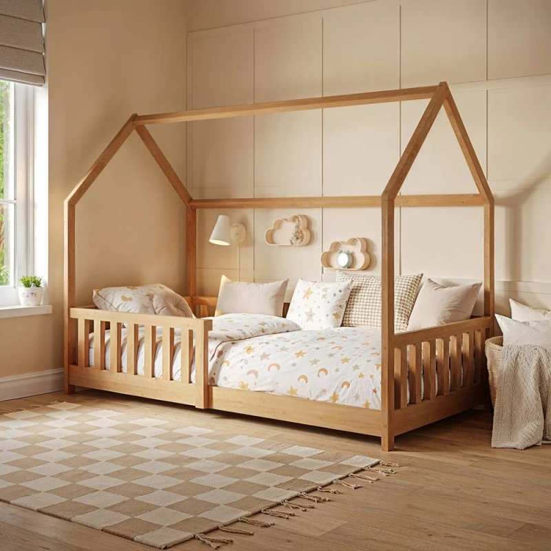 Image of Flair Explorer Wooden Playhouse Bed with Rails in Light Brown Size: Single Light Brown Unisex Single