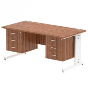 Image of Impulse 1600 Rectangle White Cable Managed Leg Desk WALNUT 2 x 3 Drawer Fixed Ped