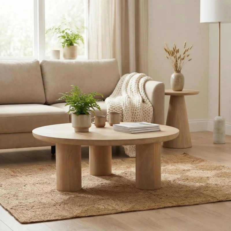 Image of FurnitureboxUK Teton Round Wood 3 Leg Coffee Table in Light Brown Light Brown Unisex