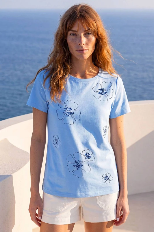 Image of Roman Womens Embellished Flower Cotton T-Shirt in Blue Size: 18 Blue Female 18