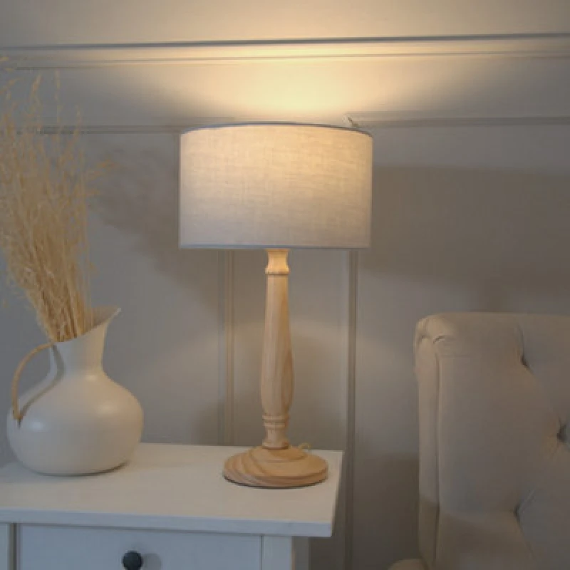 Image of ValueLights Victoria Light Wood Traditional Table Lamp with Fabric Drum Shade and LED Bulb Grey