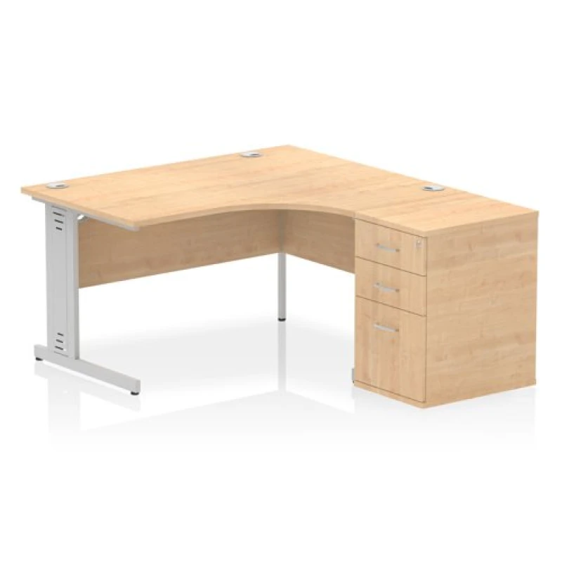 Image of Impulse Impulse 1400mm Right Crescent Office Desk Maple Top Cable Managed Leg Workstation 600 Deep Desk High Pedestal IWSRW146MPE