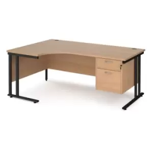 Image of Office Desk Left Hand Corner Desk 1800mm With Pedestal Beech Top With Black Frame 1200mm Depth Maestro 25 MC18ELP2KB