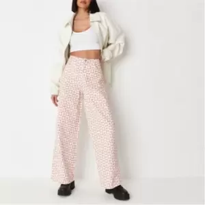 Missguided Checkerboard Floral Wide Leg Jeans - Cream